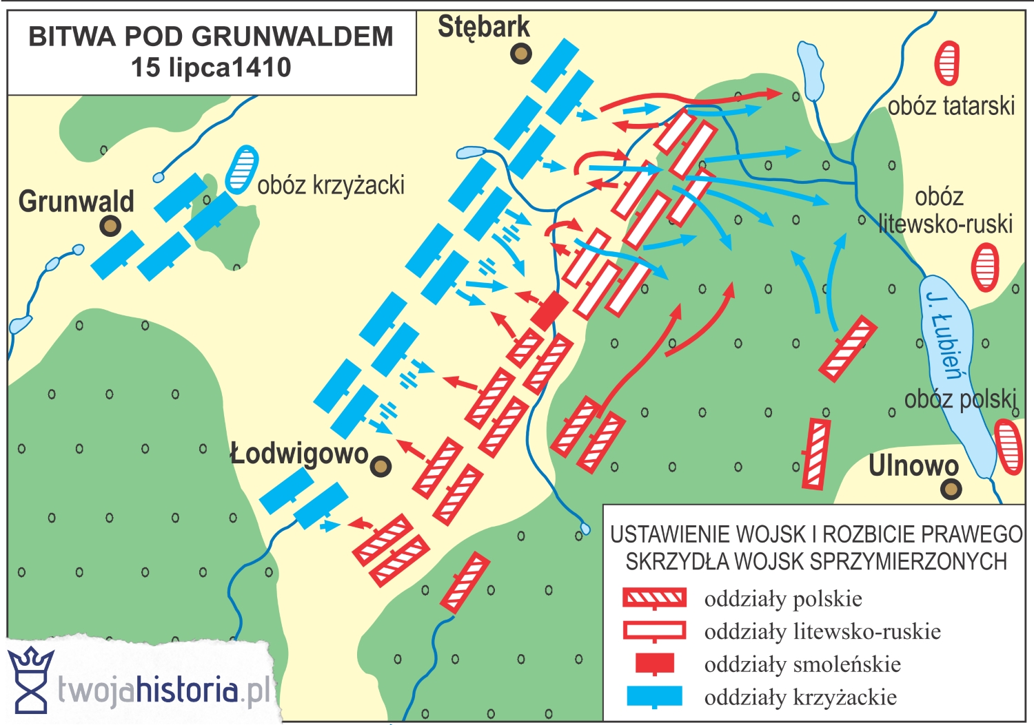 Bitwa pod grunwaldem ustawienie wojsk i rozbicie prawego skrzydla wojsk sprzymierzonych